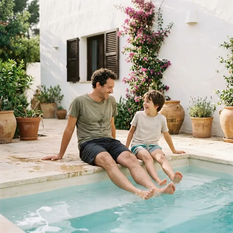Padre y su hijo en el patio de un adosado con una piscina pequeña