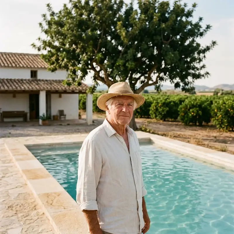 Hombre mayor junto a la piscina de su casa de campo entre naranjos