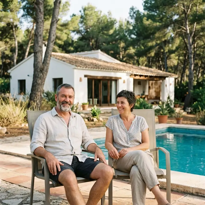 Pareja de mediana edad sentada junto a la piscina de su chalet entre pinos