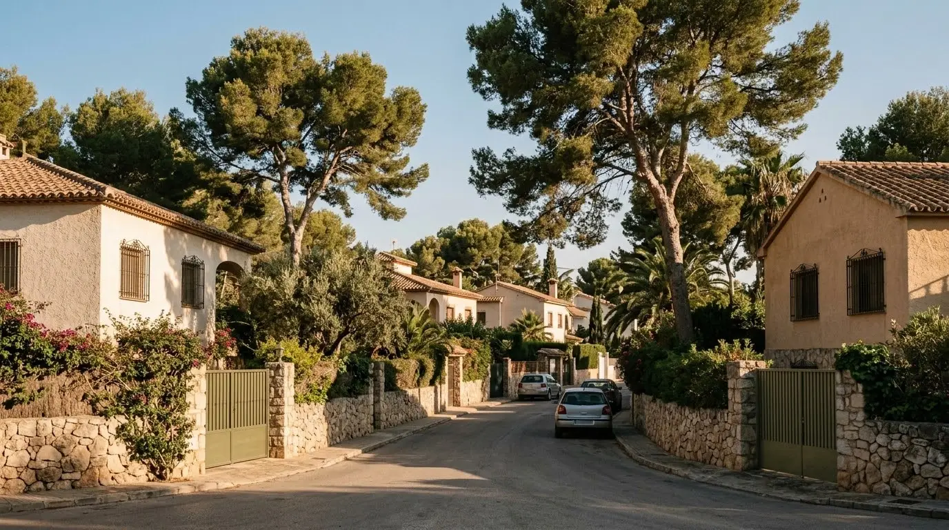 Calle tranquila de chalets con pinos y vallas bajas en una urbanización de L'Eliana