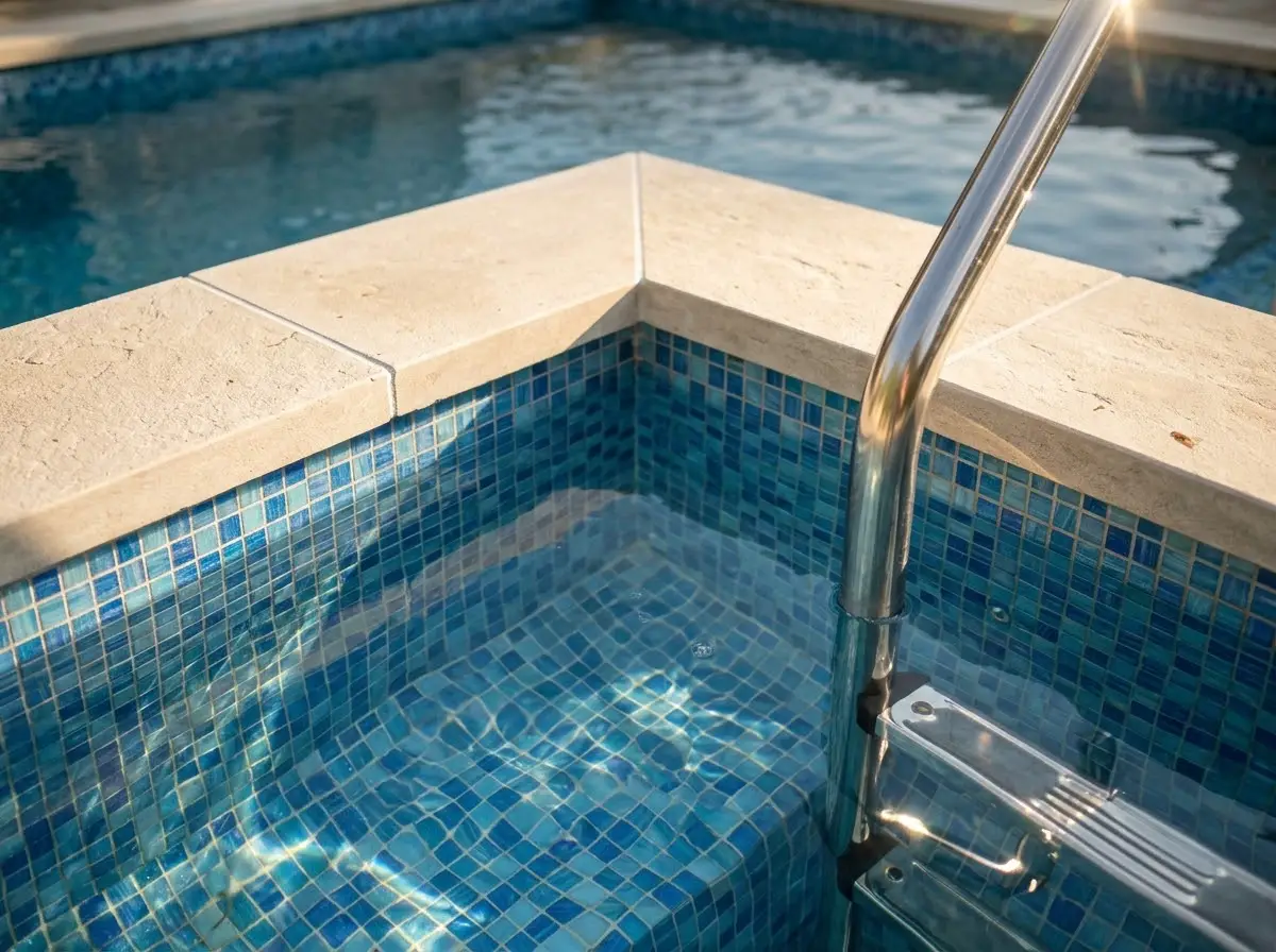 Detalle de la coronación de piedra y el gresite azul de una piscina de obra recién llena