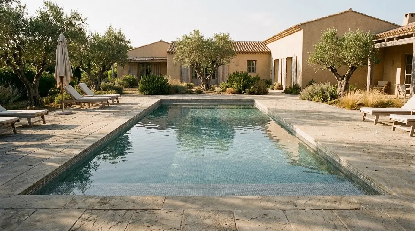 Piscina de obra rectangular con gresite claro en el jardín de una casa con olivos