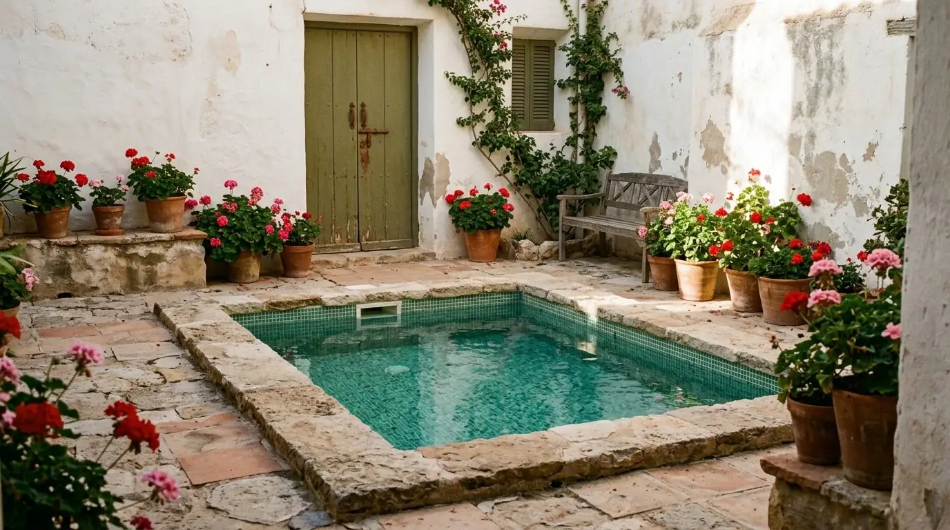 Piscina pequeña de obra con gresite verde agua en el patio de una casa de pueblo
