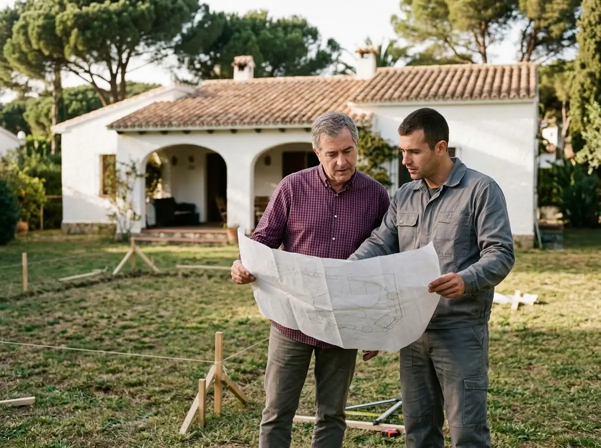Propietario y técnico mirando un plano junto al terreno marcado para la piscina