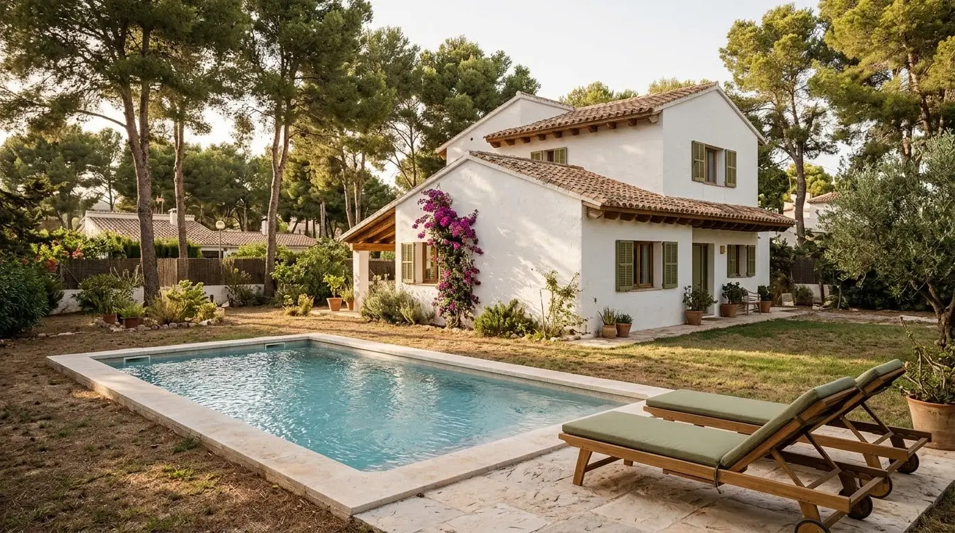 Piscina de obra recién terminada en el jardín de un chalet con pinos