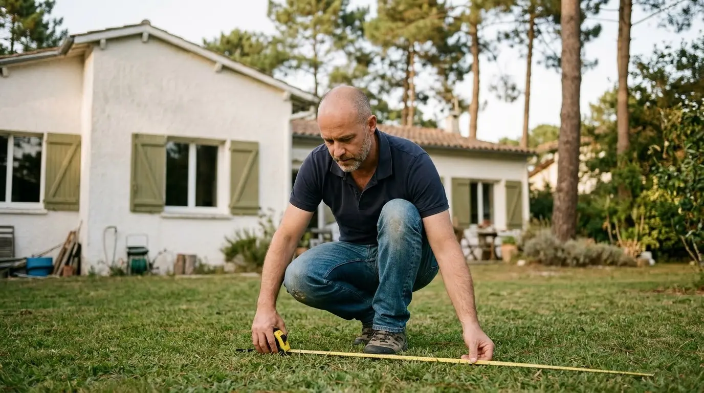 Hombre midiendo con una cinta métrica el jardín donde quiere hacer la piscina