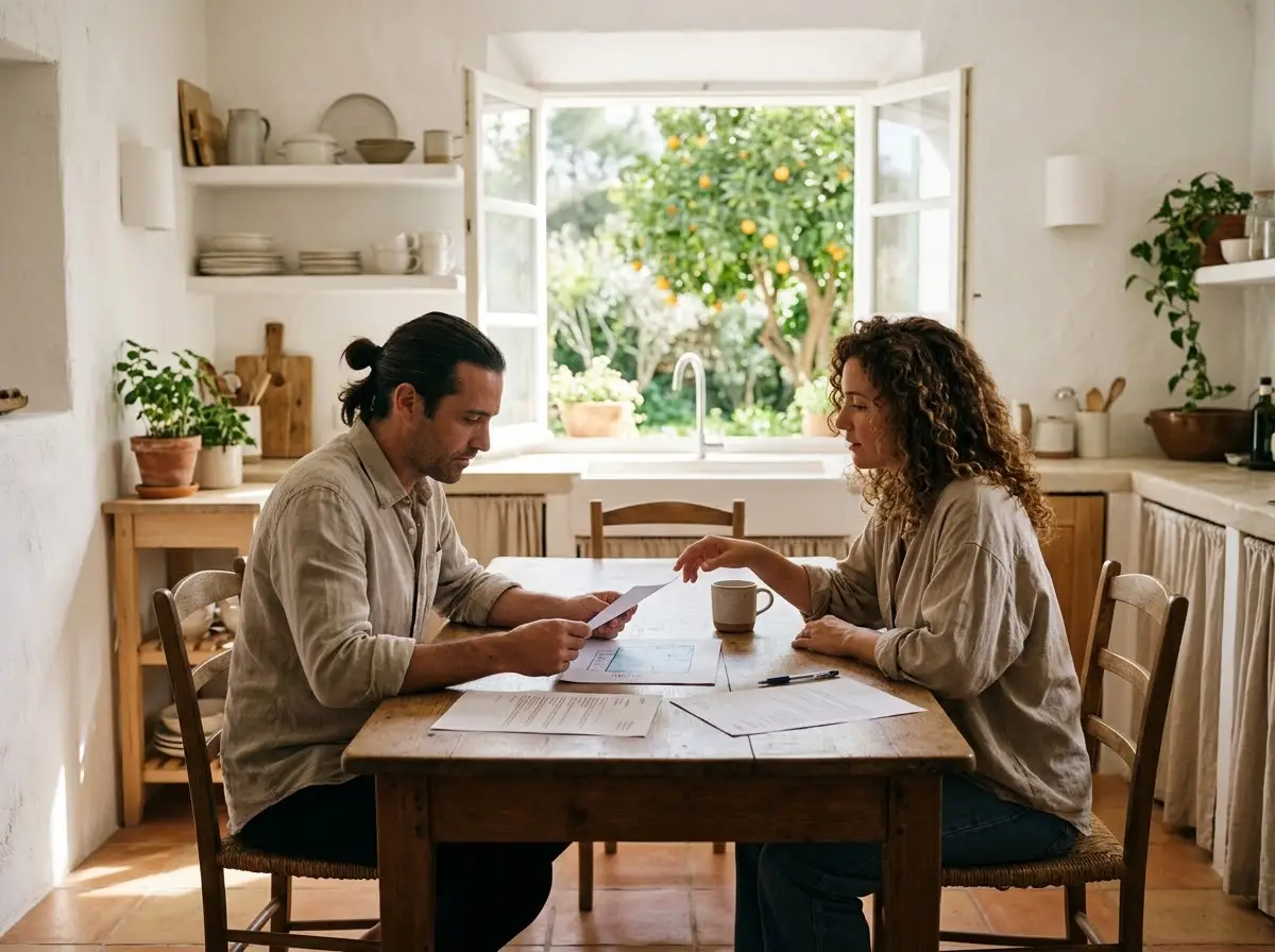 Pareja comparando dos presupuestos en la mesa de la cocina con un plano de la piscina