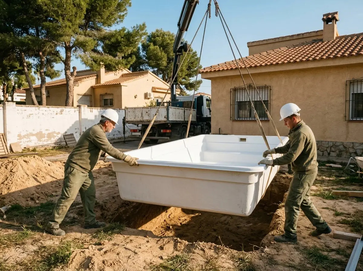 Grúa bajando una piscina prefabricada al hueco excavado mientras dos operarios la guían