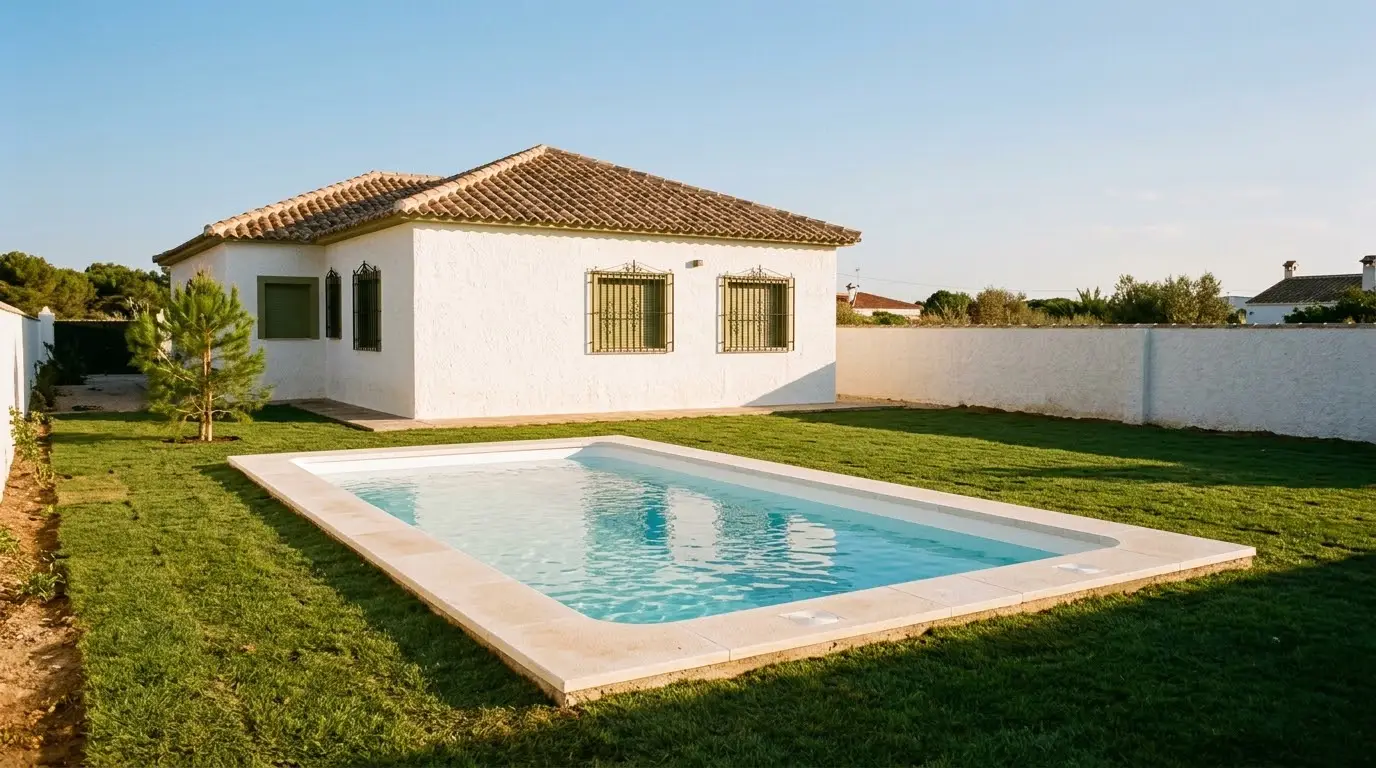 Piscina prefabricada de poliéster blanco recién instalada en el jardín de un chalet