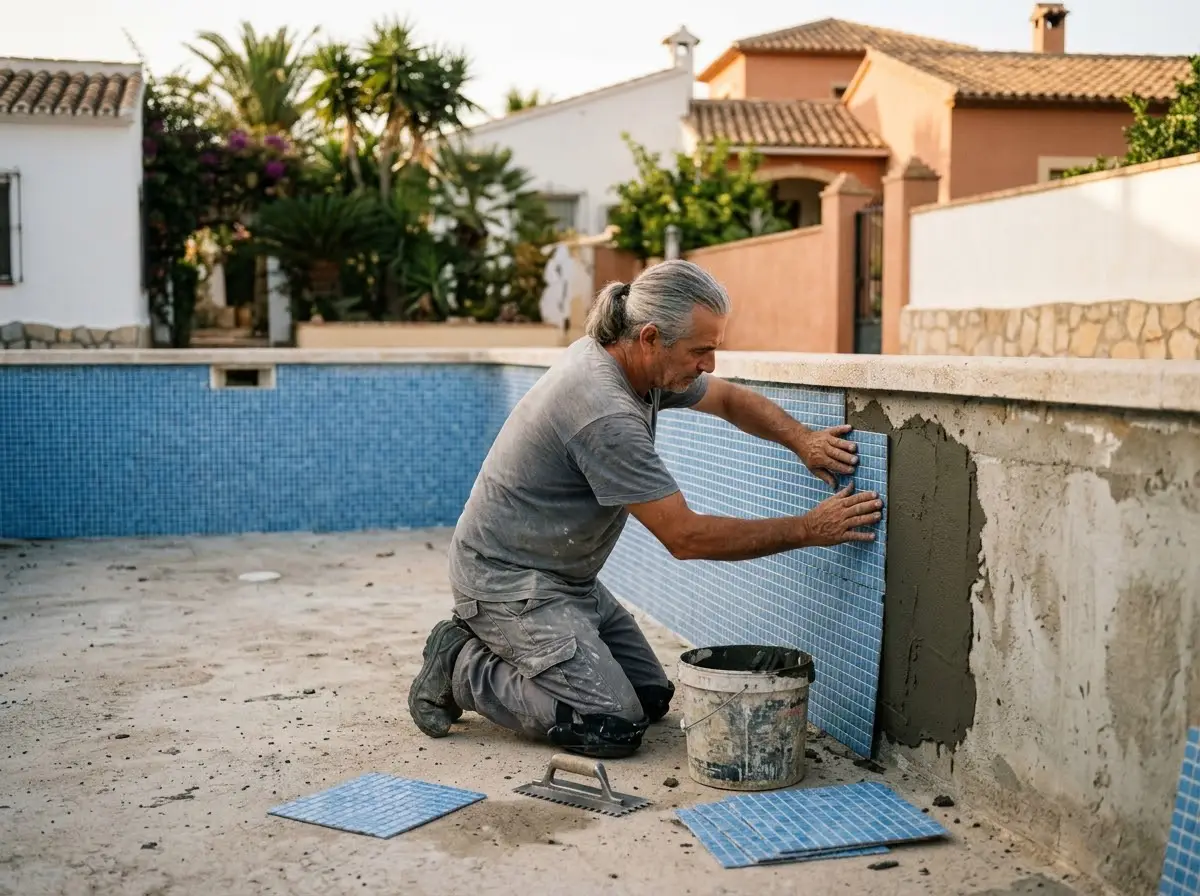 Operario colocando piezas de gresite nuevo en la pared de una piscina vacía