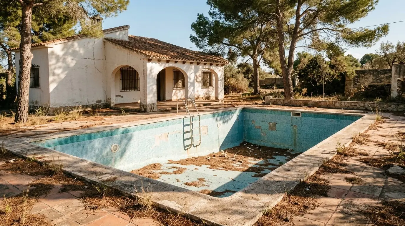Piscina vacía de un chalet antiguo preparada para cambiar el revestimiento