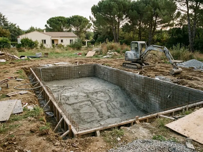 Vaso de una piscina de hormigón en construcción, con la malla de acero a la vista