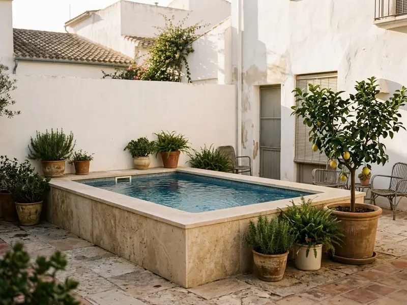 Piscina pequeña elevada de obra en el patio de un adosado