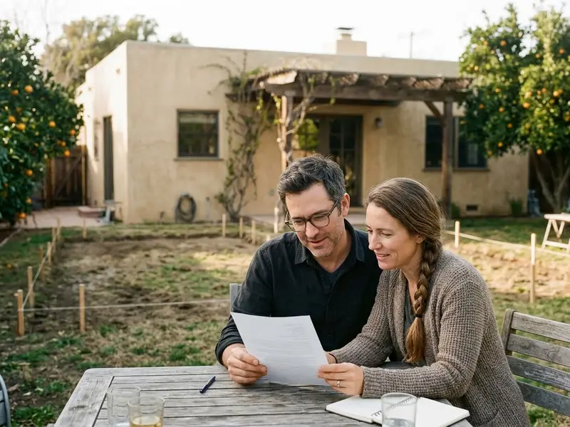 Pareja revisando un presupuesto en la mesa del jardín, junto al terreno de la futura piscina