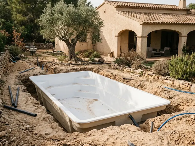 Piscina prefabricada de poliéster colocada en el hueco excavado de un jardín