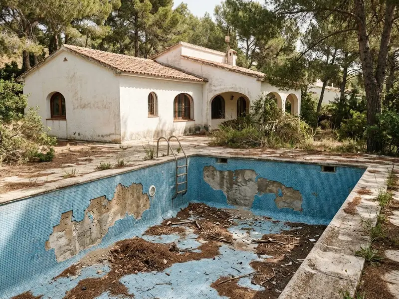Piscina vacía con parte del gresite levantado, preparada para la reforma